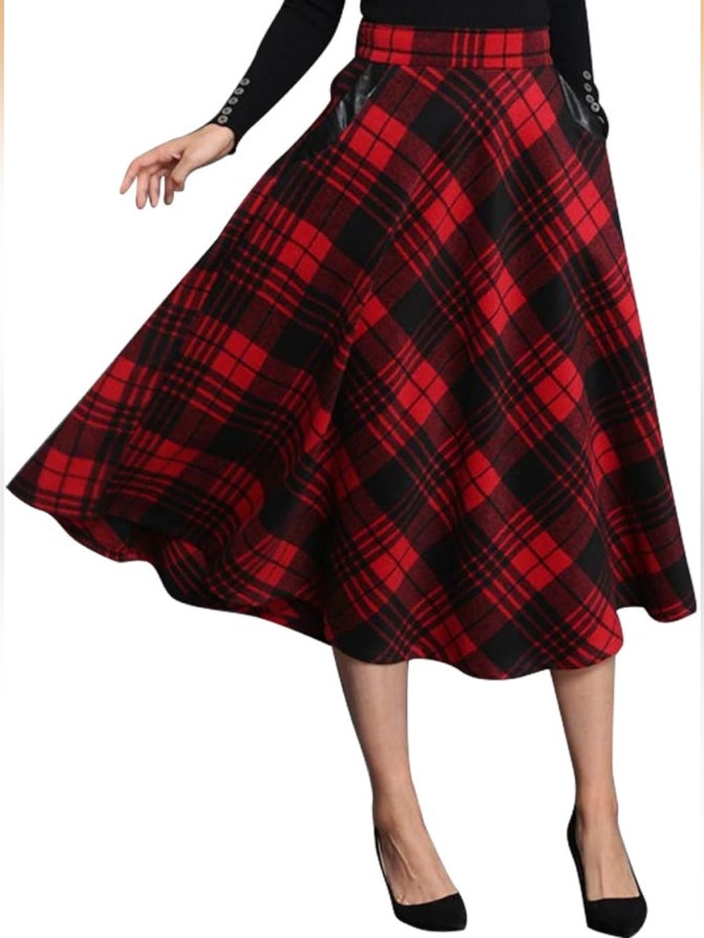 Red Plaid Flared Midi Skirt Skirt with Pockets L